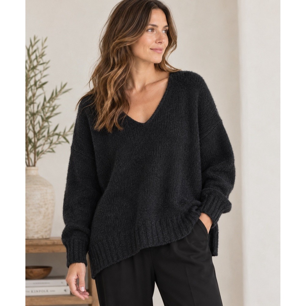 Eileen Fisher S/P Alpaca Wool Organic Cotton V Neck Sweater Black Oversized